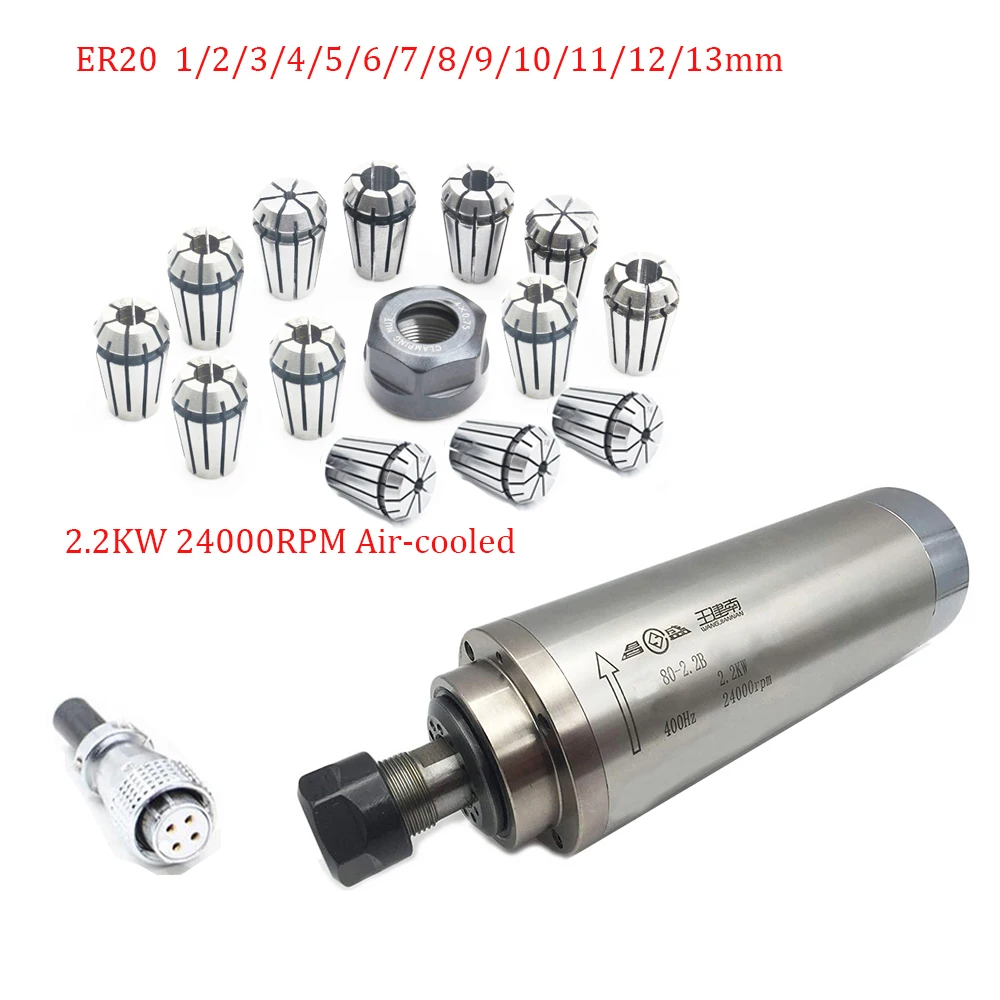 2.2KW ER20 CNC мотор шпинделя комплект 220В 24000 об/мин 3 подшипника с водяным охлаждением +