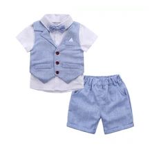 От 2 до 9 лет, комплект одежды для мальчиков, коллекция года, летняя детская официальная одежда короткая рубашка, жилет+ шорты, детские костюмы из 3 предметов одежда для малышей, хлопок
