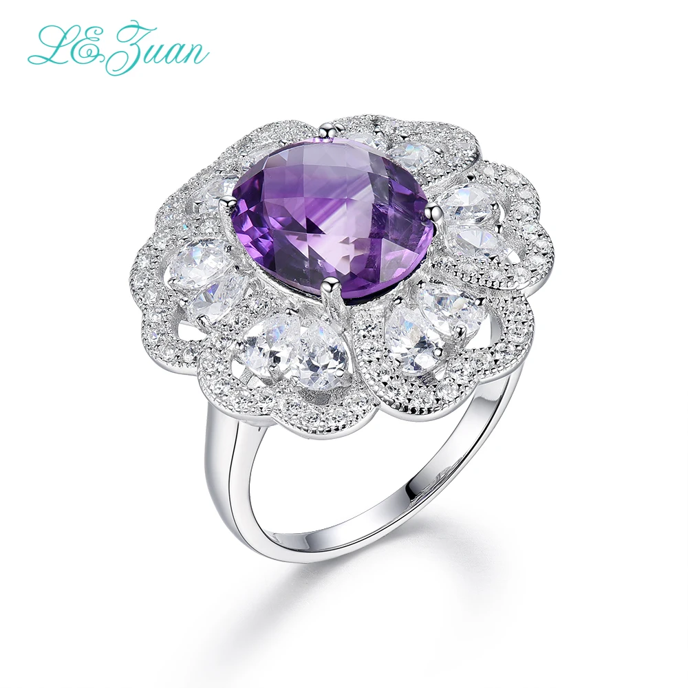 

L&zuan 4.86ct Natural Amethyst Rings Real 925 Sterling Silver Jewelry Luxury Ring For Women Checkerboard Cut Gems Ring