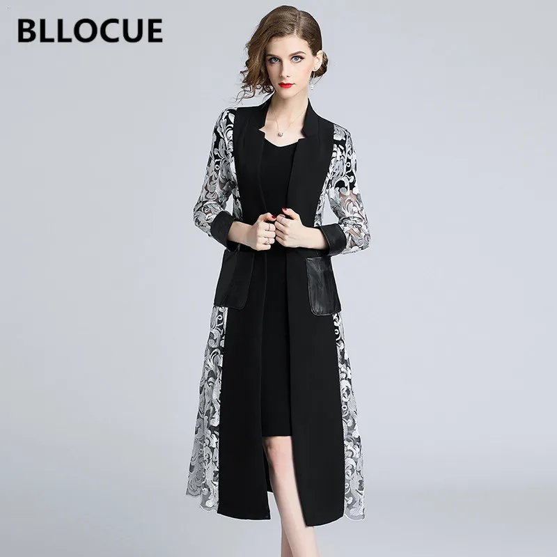BLLOCUE High Quality New 2018 Autumn Runway Long Trench Coat Women Mesh Embroidery Splice Slim | Женская одежда