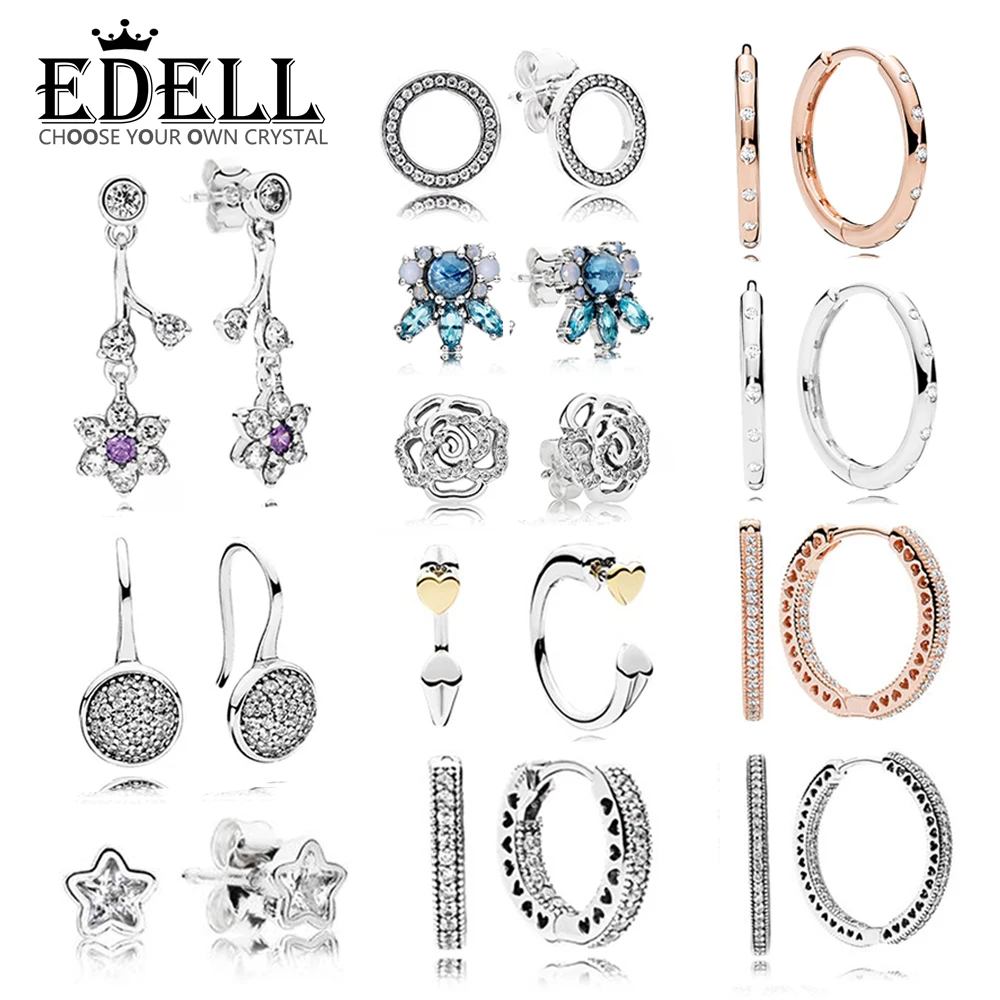 

EDELL 100% 925 Sterling Silver 1:1 Daisy Rose Stud Earrings Water Drops Love Earrings Star Ice Crystal Paw Inlay Earring Pan