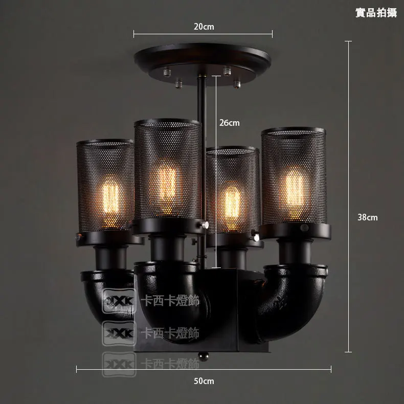 Nordic vintage rural style industry loft black antique iron 4 water pipe ceiling lamps with Edison bulbs in bar or cafe