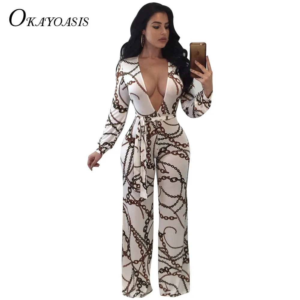 

OKAYOASIS Women Rompers Jumpsuits Chain Printed Vintage Wide Leg Jumpsuit Bow Sashes Women Overalls Long Sleeve Party Club Pants