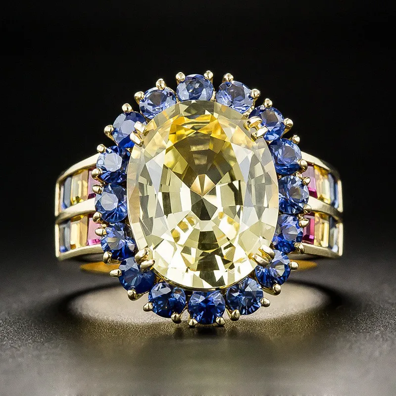 Luxury Large Yellow Blue Stone Zirconia Ladies Rings Female Antique Gold Color Ring Colorful Jewelry Woman Bague anillos YR393 (2)