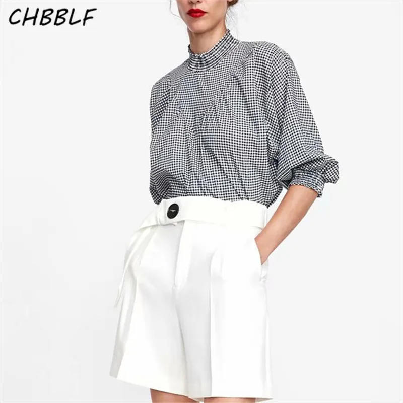 

CHBBLF women sweet plaid blouses ruffled collar half lantern sleeve shirts ladies cute casual tops blusas XDN8516