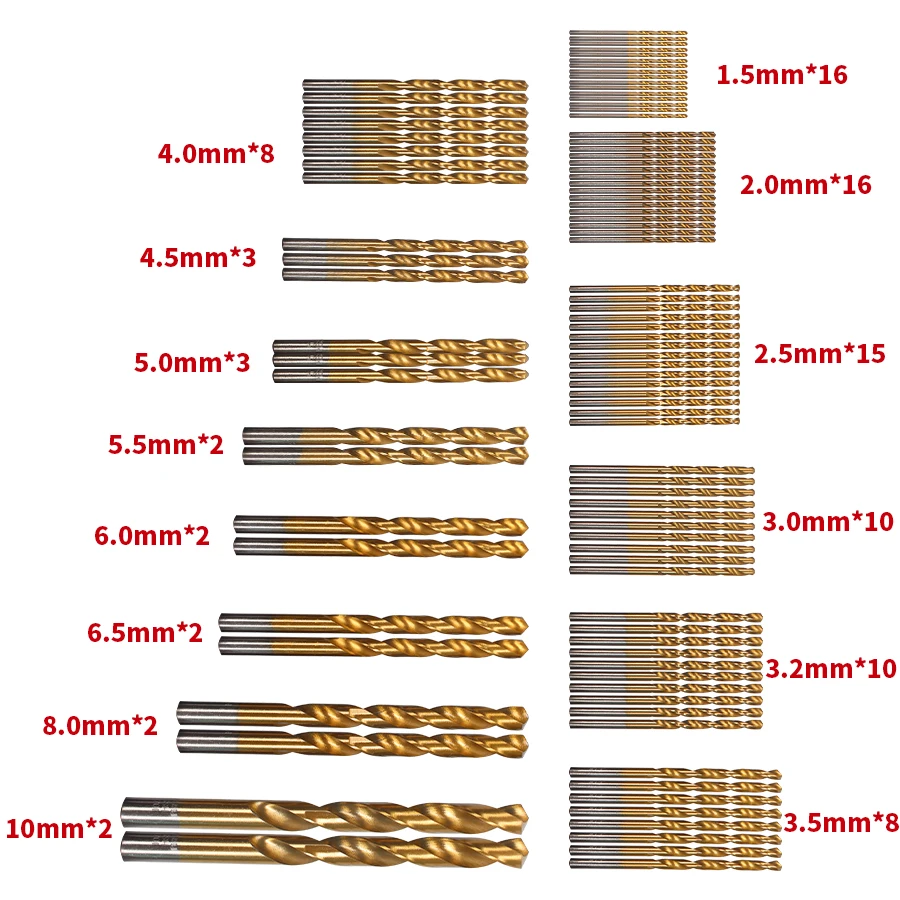 99pcs/Set Titanium Coated HSS High Speed Steel Drill Bit Set Tool 1.5mm - 10mm Twist Drill Bits 99pcs/Set Titanium Coated HSS High Speed Steel Drill Bit Set Tool 1.5mm - 10mm Twist Drill Bits