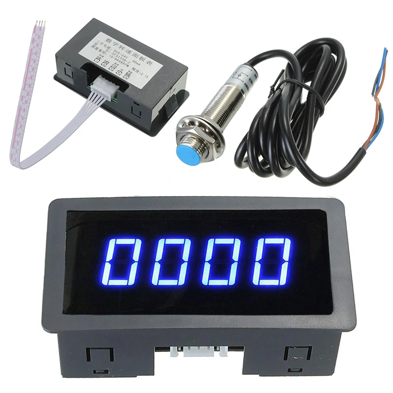 Blue 4 Digital LED Tachometer RPM Speed Meter 5-9999RPM Speedometer + Pusle Signal NPN Hall Proximity Switch Sensor 3 Wires
