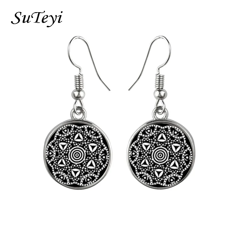 

SUTEYI Henna Mandala drop earrings Flower of Life copper dangle earrings Religious OM talisman send women gift jewelry