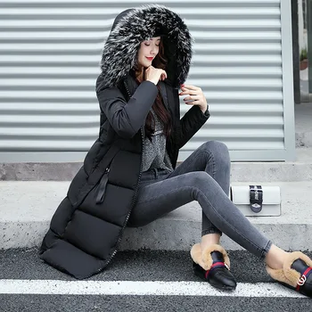 

Slim Long Jackets Coats Women with Fur Hat Thick Winter Women Parkas Cotton Black Warm Hooded Ladies Jacket Outwear 2019 MLD1272