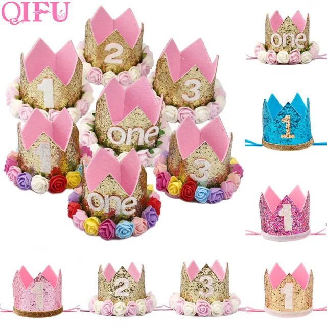 Qifu Gold Silver First Birthday Girl Party Crown Pink 1st Birthday 1