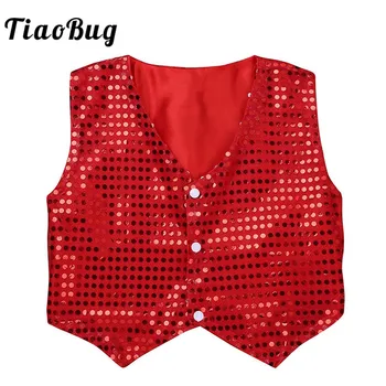 

TiaoBug Kids Boys Glittery Sequined Stage Performance Choir Jazz Dance Costume Children Hip Hop Street Dance Vest Waistcoat Top