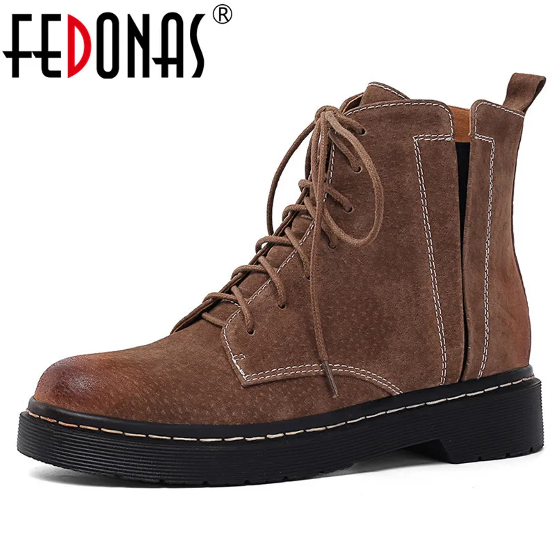 

FEDONAS Spring Autumn Classic Round Toe Low Heels Women Ankle Boots Pig Skin Lace Up Western Short Boots Casual Shoes Woman
