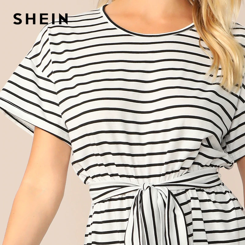 Women Short Sleeves Round Neck Stripes Summer Casual Long Wide Legs Jumpsuit
