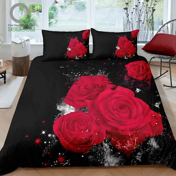 

BOMCOM 3D Digital Printing Close up Valentines Day Roses Bouquet Black Background Wedding Gift Bedding Set 100% Microfi