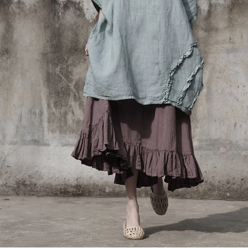 

Johnature Women Elastic Waist Skirts Cotton Linen Pockets Vintage 2019 Spring New Casual Women Solid Color A-Line Ruffle Skirts