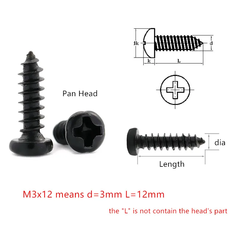 Phillips Винты M1.2/M1.4/M1.7/M2/M2.3/M2.6/M3* 3/4/5/6/8/10 мм винт с потайной плоской/полукруглой потайной головкой Самонарезающий винт с плоской головкой, черного цвета с отделкой болты