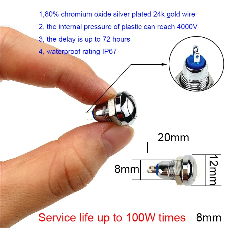 

8mm IP67 Metal Push Button Switch Waterproof Self-reset Momentary Round Shape Elevator Auto Seat Heating Switches