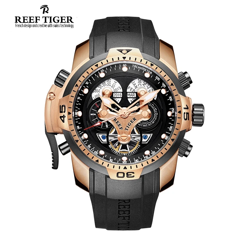 Reef Tiger Aurora Serier RGA3503 мужские спортивные военные многофункциональные автоматические механические наручные часы с циферблатом-резиновый ремешок для часов