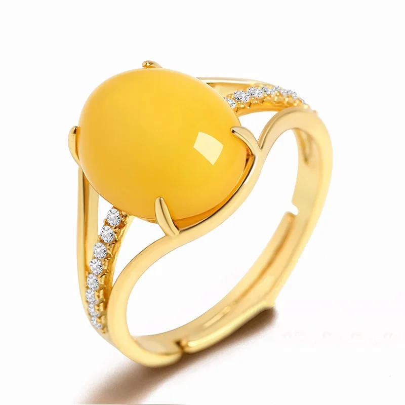 

Yellow Imitation Beeswax Stone Ring Inlay CZ Zircon Fashion Noble Female Models Gold Color Jewelry Adjustable Opening Women Ring