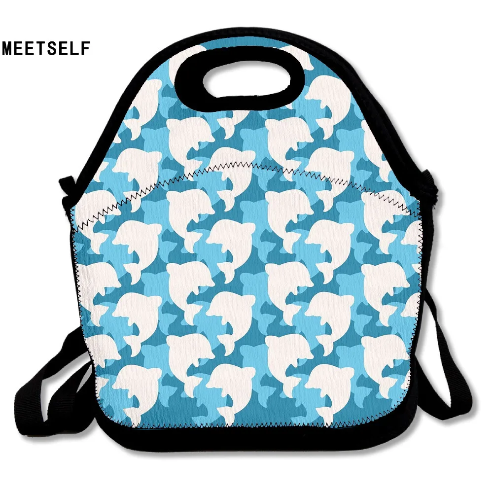 MEETSELF 3D Print Blue And White Dolphins Lunch Bags Insulated Waterproof Food Girl Packages Womens Kids Babys Boys Handbags boys-lunch-bag