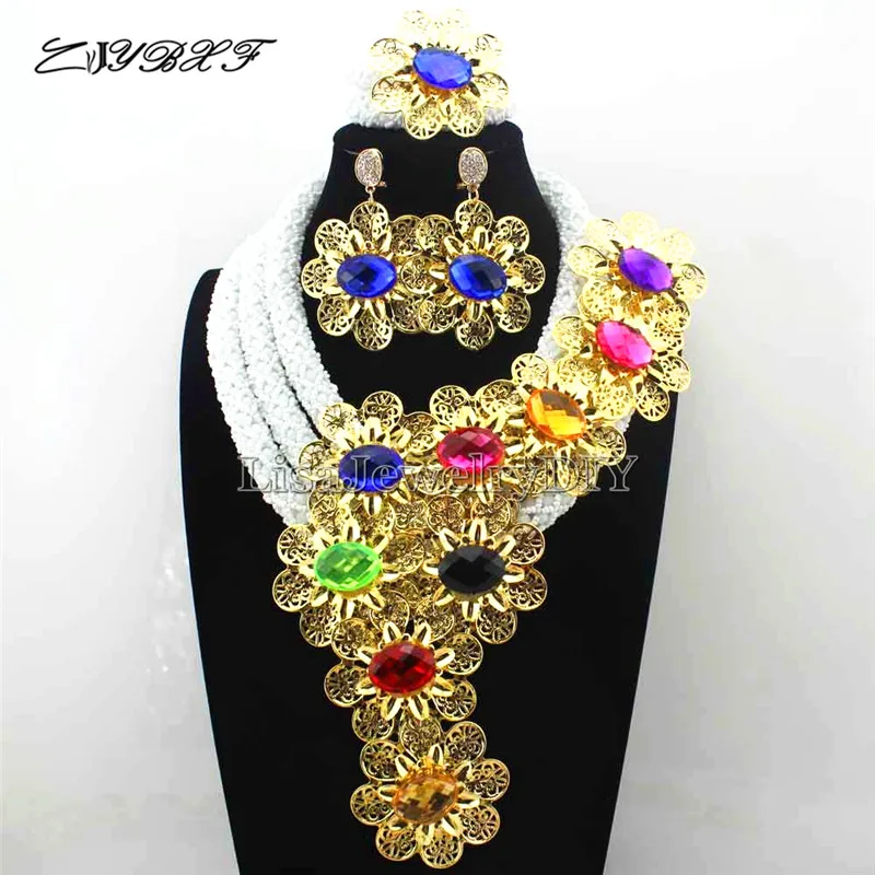 

Exclusive White Crystal Statement Necklace Set Wedding African Flower Jewelry Set for Women Free Shipping L1115