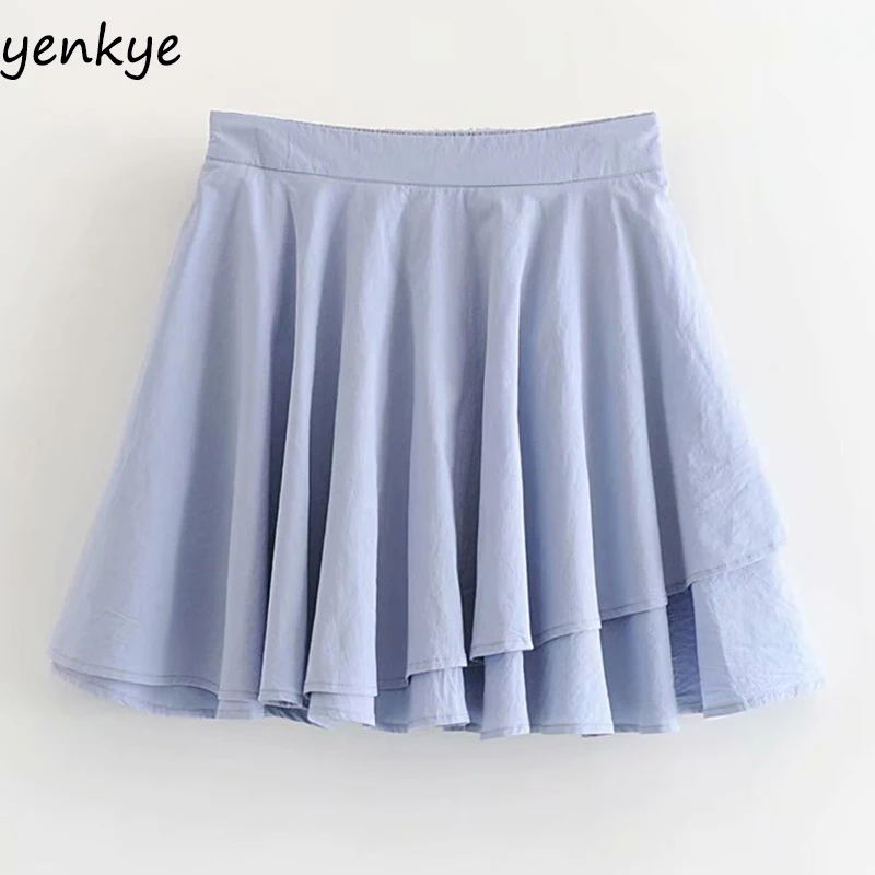 

Vintage Light Blue Mini Skirt Women Elastic High Waist A-line Sweet Holiday Summer Skirt faldas mujer moda 2019 DWDD1126