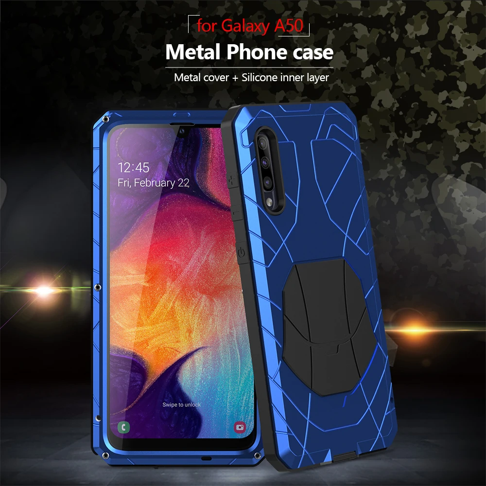 Comprar Para Samsung Galaxy A50 funda de teléfono de Metal de aluminio duro Protector de pantalla de vidrio templado cubierta de silicona de protección de alta resistencia