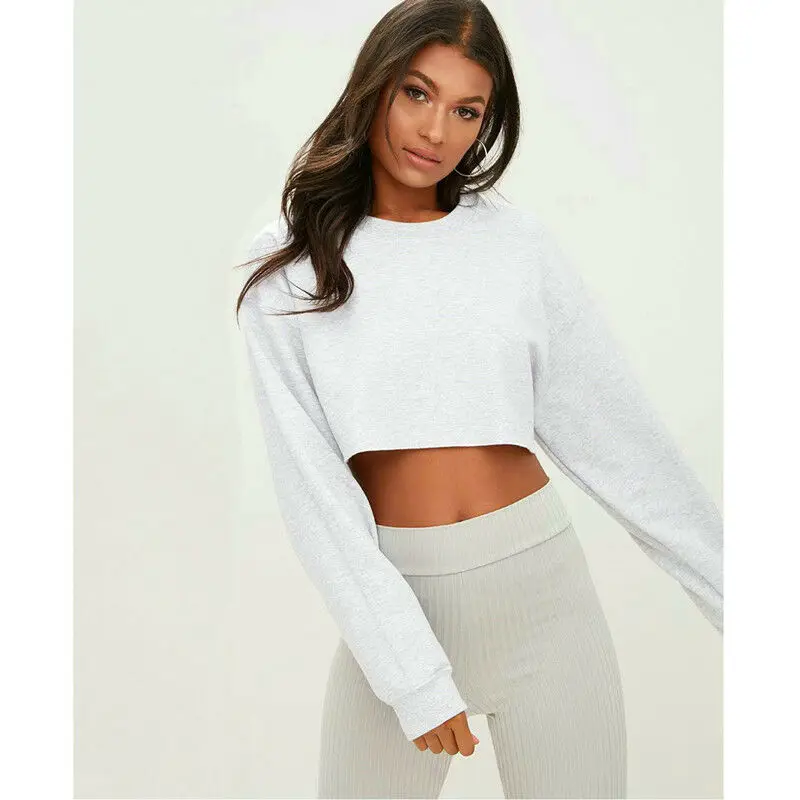 

Women solid sweatshirts fashion autumn clothings 2019 ladies long sleeve O Neck short slim pullover top crop top casual outwear