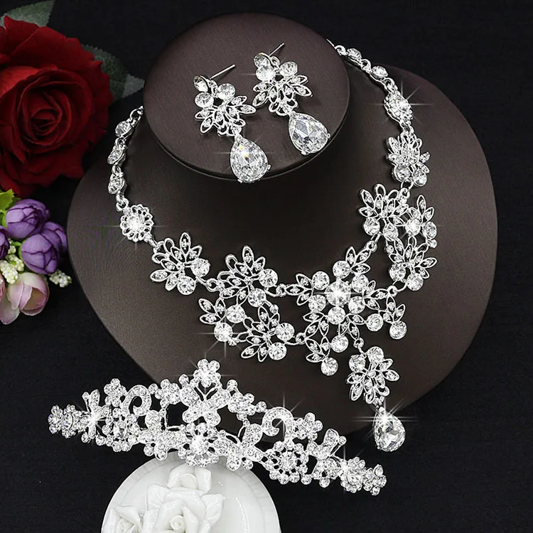   Cristal Conjunto De Jóias de Noiva Gota de Lágrima Strass Luxuoso Declaração Bib ColarBrincoacessórios do casamento Tiara  (2)