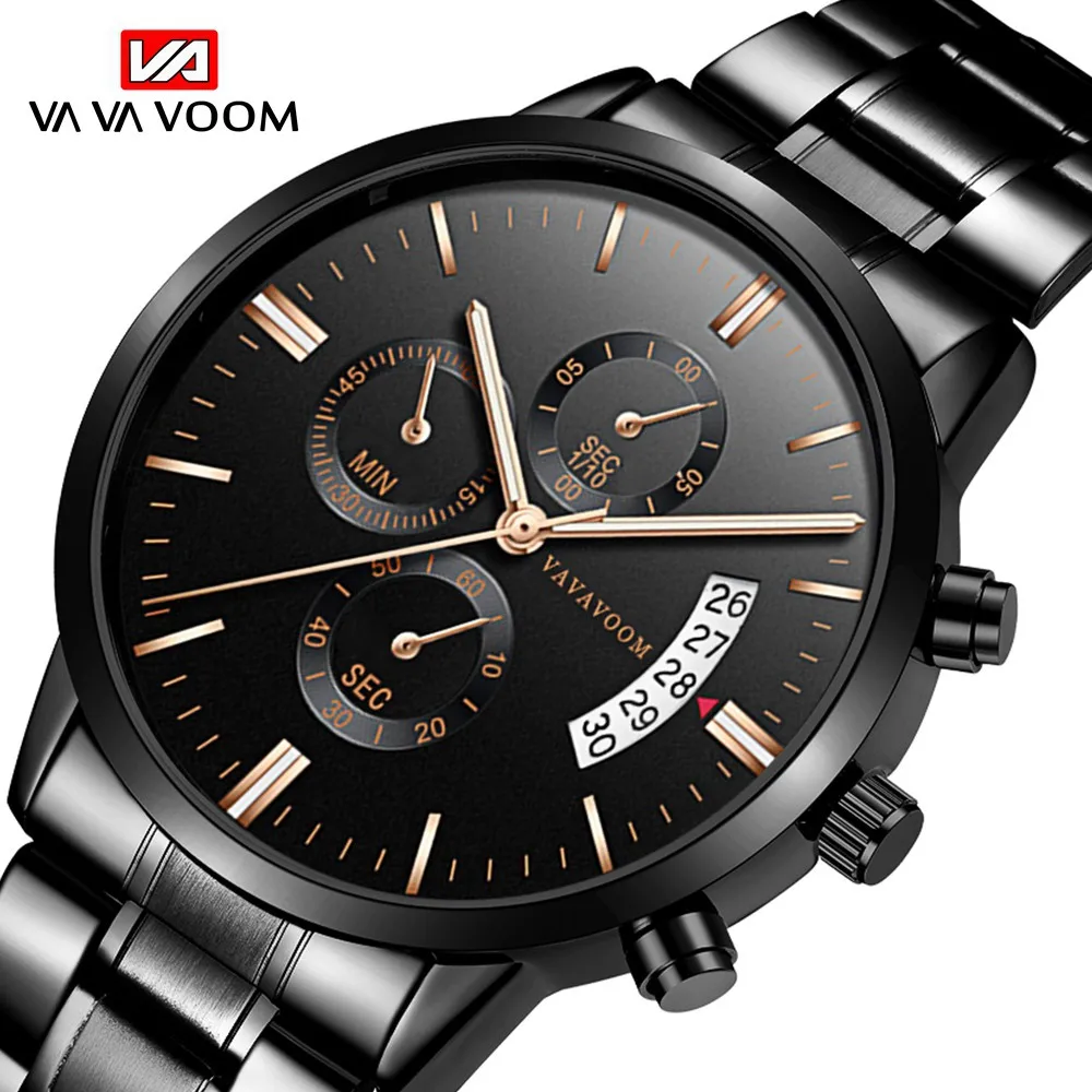 

Men's Stainless Steel Watches Business Casual Calendar Quartz Watches Chronograph Waterproof Black Refined Steel Watches TZEW002
