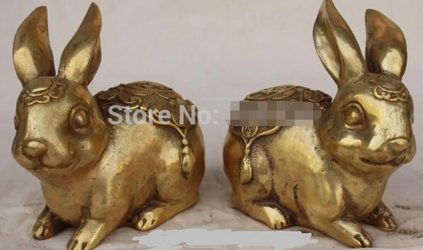 

05" Chinese Fengshui Brass Zodiac Year Rabbit Wealth Cai Money Rich Statue Pair