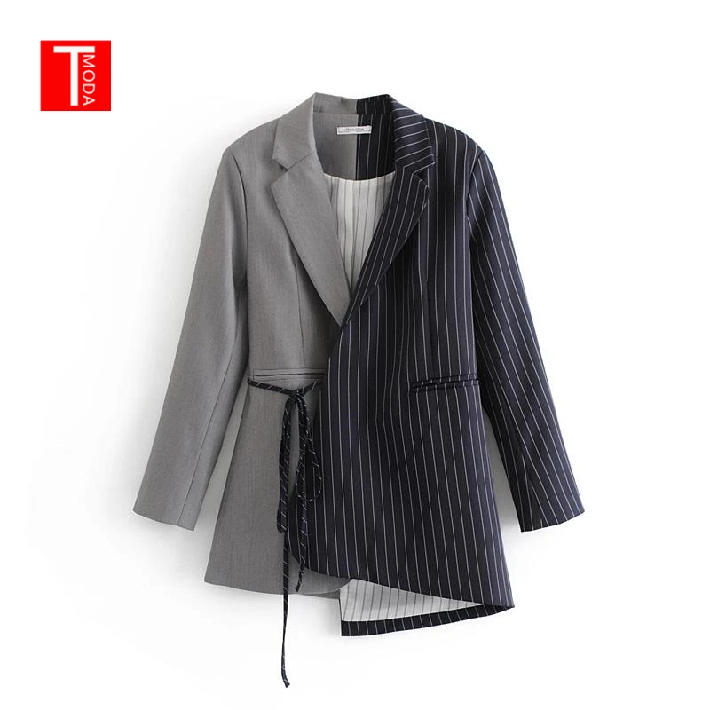 

Women Blazers and Jackets 2019 Spring Colorblock Patchwork Striped Work Blazer Womens Blazer Notched Outerwear Ladies Long Coat