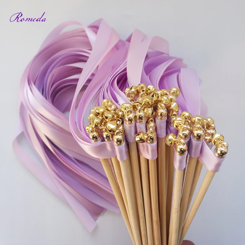 

New Arrived 50pcs/lot purple wedding ribbon stick wands with gold bell for wedding decoration