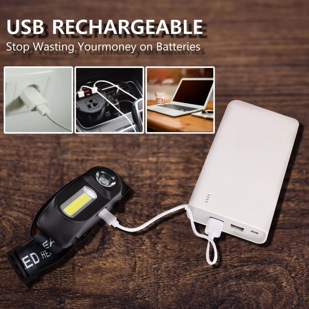 COB + фонарь XPE Головной фонарик USB Перезаряжаемый 18650 Мини светодиодный Кемпинг