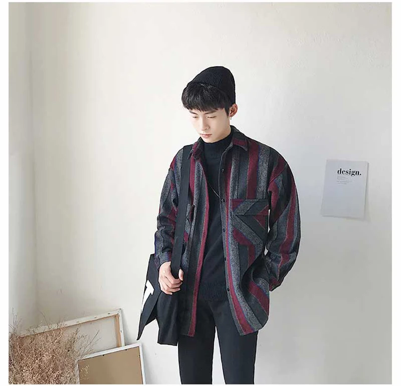 Корейская рубашка большого размера мужская полосатая народная-пользовательские рубашки для мужчин винтажные шерстяные фланелевые Японская уличная одежда толстые рубашки мужские уличные