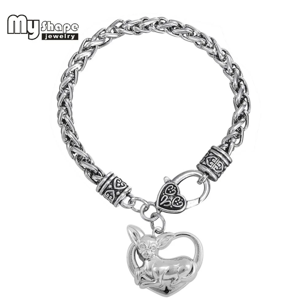 my shape Dog Chihuahua Heart Charm Bracelets For Woman Lobster Clasp Button 200mm Setting Chain Animal Lovers Jewelry | Украшения и