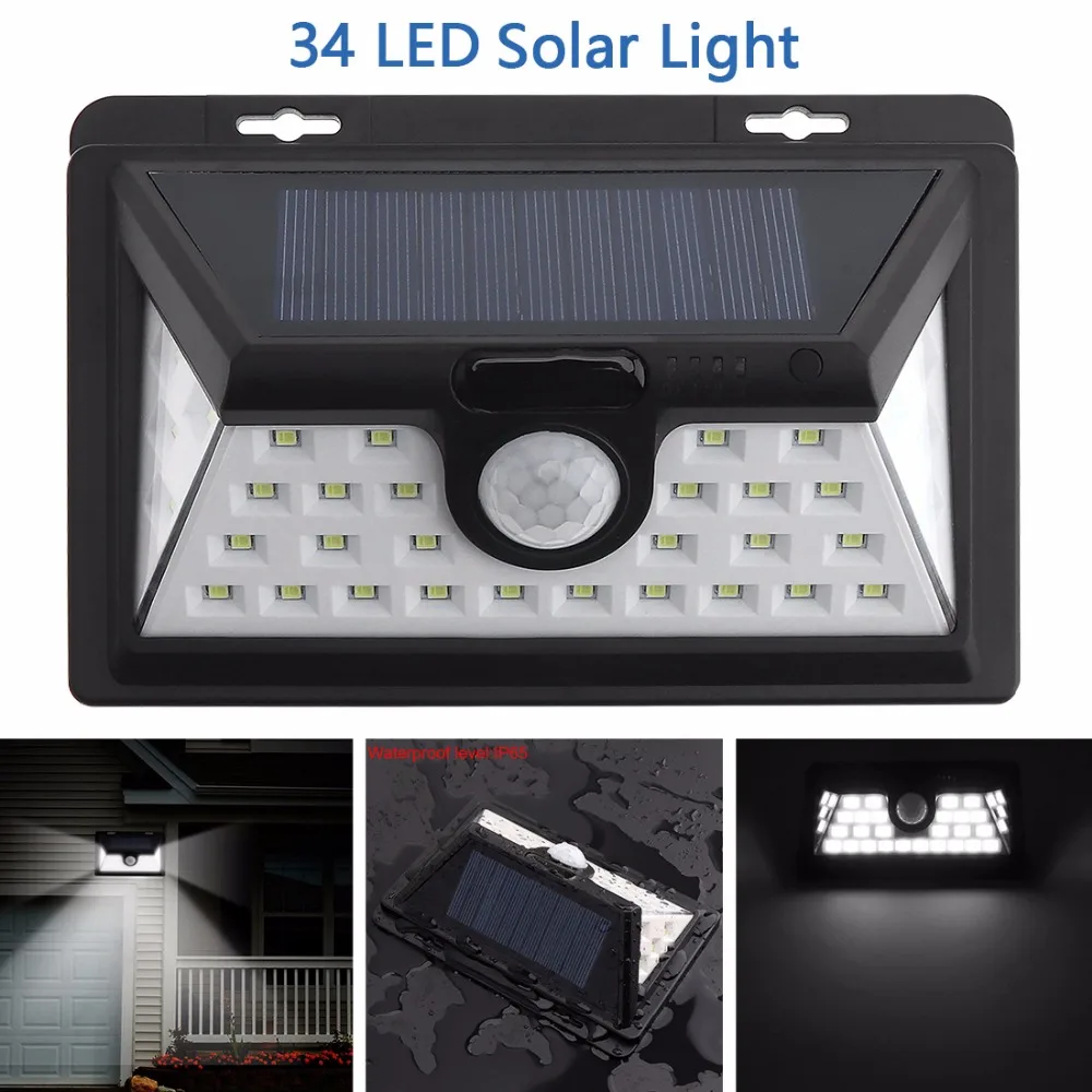 Outdoor Waterproof 34 LED 2835 Solar Power PIR Motion Sensor Wall Light with 3 Different Lighting Modes for Garden Pathway Yard