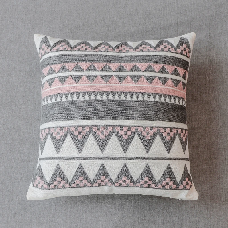 Geometric Embroidered Cushion Cover Pink Grey Pillowcase Canvas Cotton Square Embroidery Pillow Cover 45x45cm  Home Decor