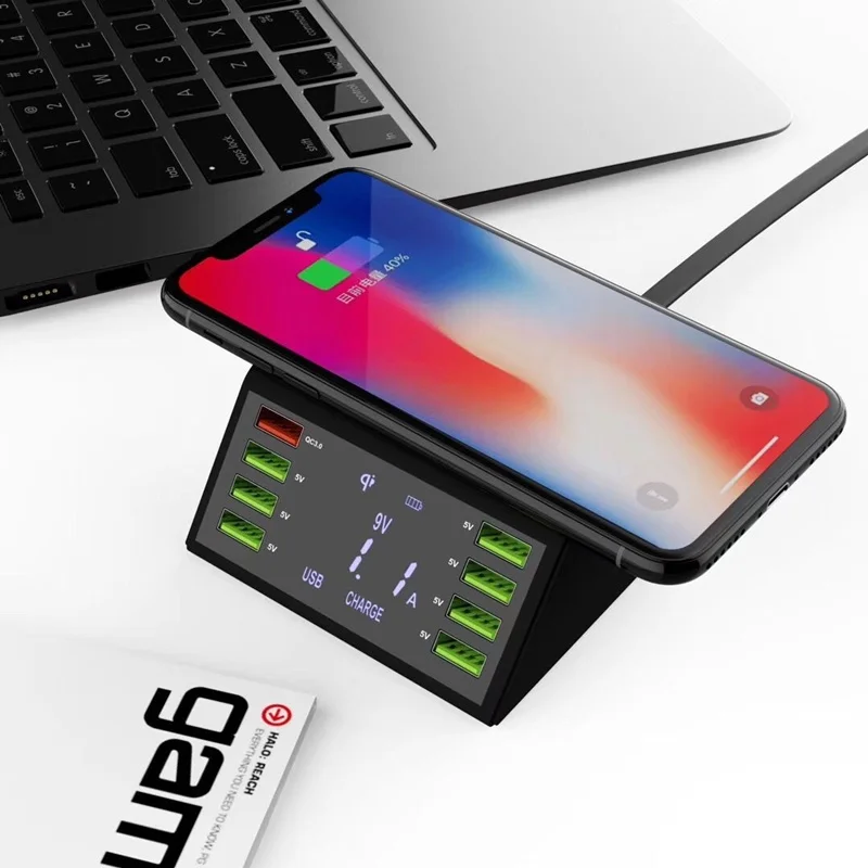 Tongdaytech Qi Беспроводное зарядное устройство для Iphone X 8 Plus Мульти 8 портов Lcd USB быстрая зарядка 3,0 быстрое зарядное устройство для samsung S10 S9 S8