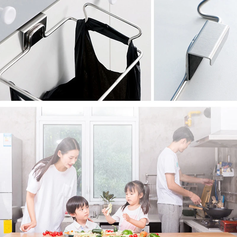 Kitchen Cupboard Back Trash Bag Rack Cabinet Door Garbage Bag Holder Hanging Kitchen Cabinet Hanging Trash Rack Kitchen Tools