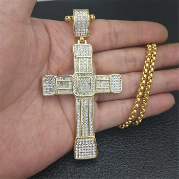 

Men's Necklace Big Cross Pendant With Stainless Steel Chain and Iced Out Bling Rhinestones Necklace Hip Hop Christian Jewelry