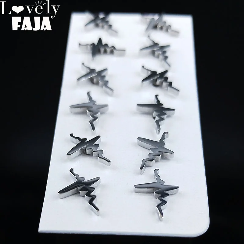 

6 pairs Electrocardiogram Stainless Steel Earrings Set Women Silver Color Earrings Jewelry pacero inoxidable joyeria 2782