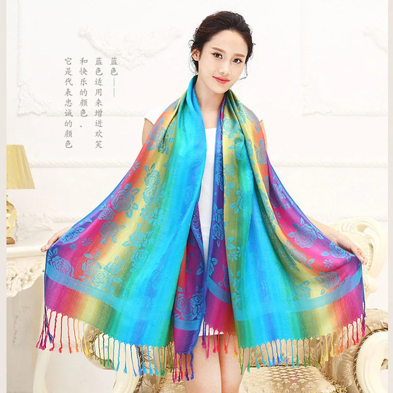 

New Winter Ethnic Women Wrap Scarf Large Size Gradient Stripe Cape Rose Pattern Printed Tippet Clothing accessory Scarve