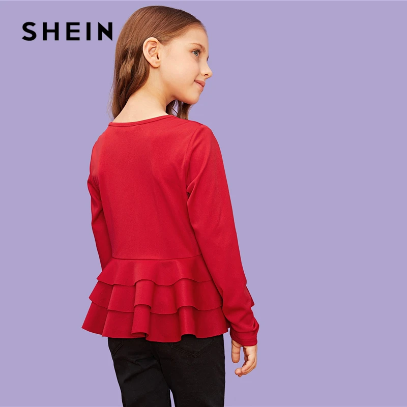 SHEIN/красные однотонные повседневные блузки с оборками для девочек; Детские рубашки; коллекция года; сезон весна; модные элегантные рубашки с длинными рукавами для девочек