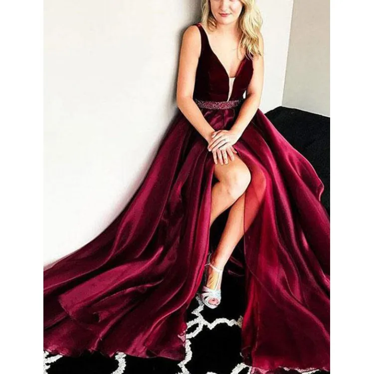 2019 Prom Dresses A-line Deep V-neck Velvet Beaded Slit Sexy Party Maxys Long Prom Gown Evening Dresses Robe De Soiree 2019 Prom Dresses A-line Deep V-neck Velvet Beaded Slit Sexy Party Maxys Long Prom Gown Evening Dresses Robe De Soiree