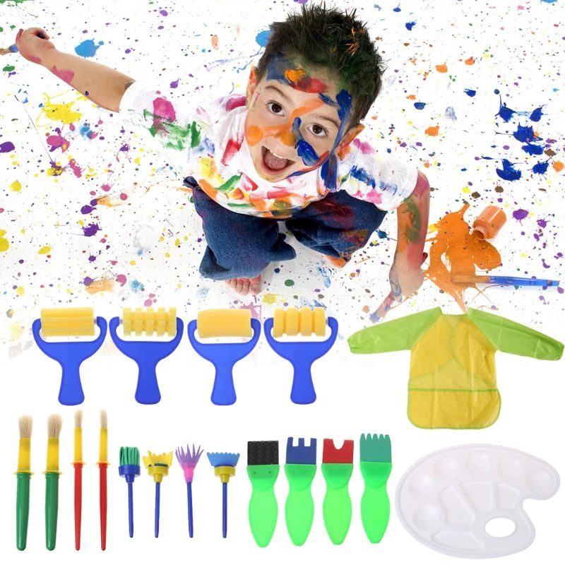 Jinxuny 31pcs//lot Kids Painting Brushes Kit Child Early Learning DIY Sponge Brushes Long Sleeve Waterproof Apron Set