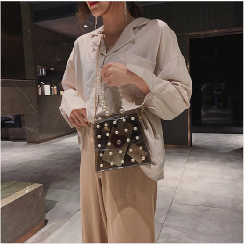 Модные женские туфли ПВХ Мини сумка-мессенджер с цепочкой элегантные уникальная жемчужина дизайн прозрачный сумка женская сумка через плечо сумки из натуральной кожи - Цвет: 2