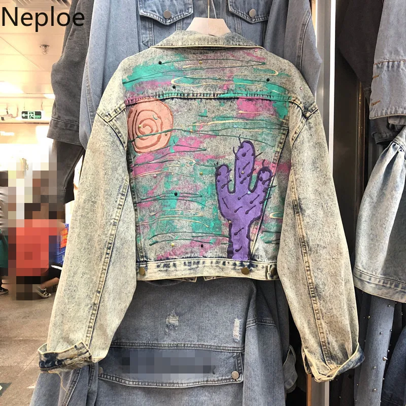 

Neploe 2019 Harajuku Loose Denim Jacket Women Graffiti Print Jeans Coat Hip Hop Vintage Short Jeans Jacket Female Crop Jacket