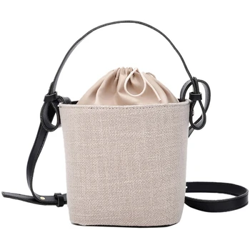 

LJL-Ladies Vintage Beach Straw Bags Burlap Sling Bucket Bag Beach Bag Crossbody Bag