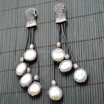 

5Pcs Freshwater Pearl Pendant 118 - 122mm in Length Charm Pearl with Crystal Rhinestone Paved Leather Tassel Pendant